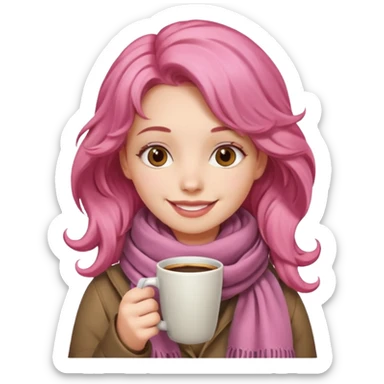 a girl with pink wavy hair, having scarf,  drink coffee, enjoy sticker