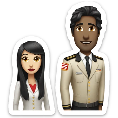 Flight attendant with long black hair, red lips and white skin with a pilot man with beige skin and black hair sticker