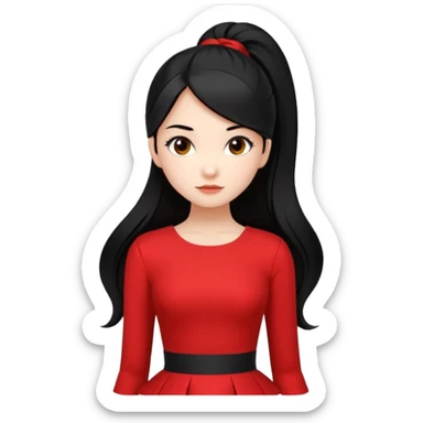 Juni – Cewe Blak-blakan Kulit putih bersih, rambut hitam panjang sleek lurus, diikat half ponytail. Pakai peplum merah terang . Pose tangan di pinggang, tatapan tajam percaya diri. sticker