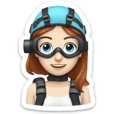 A young woman with red/ brown hair, blue eyes and pale skin with a scuba diving regulator in her mouth and a light blue scuba diving mask on  sticker