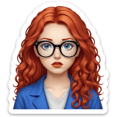 Nữ 25 tuổi, da trắng, tóc dài xoăn nhẹ màu đỏ, gọng kính màu đen, mắt kính màu xanh dương , mặt nghiêm túc, lông mi dài, trang điểm khá đậm, áo phong cách hiphop sticker