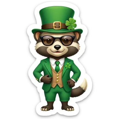 friendly anthropomorphised honey badger in a classic leprechaun suit with shamrock accessories, wearing sunglasses, St. Patrick's Day sticker