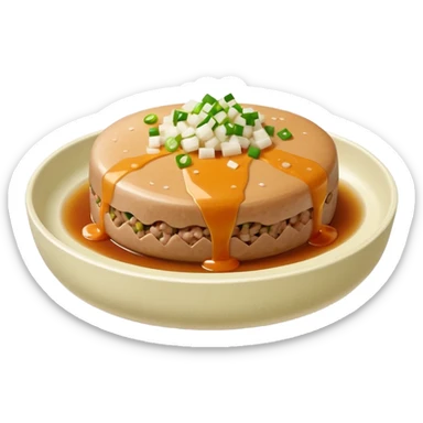 Emoji of a Chinese steamed pork patty in a small dish, topped with chopped scallions, soft texture, minimal style. sticker