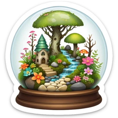 Mystical woodland glass-dome-terrarium-globe with moss inside, with marbles, with pebbles, crystals, with bones inside, and flowers inside  sticker