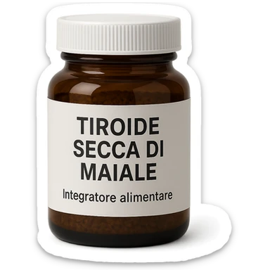 pharmaceutical-style jar of dietary supplement labeled 'Tiroide Secca di Maiale' and 'Integratore alimentare', isolated on white background, clear readable label, hyperrealistic 4K, neutral lighting sticker