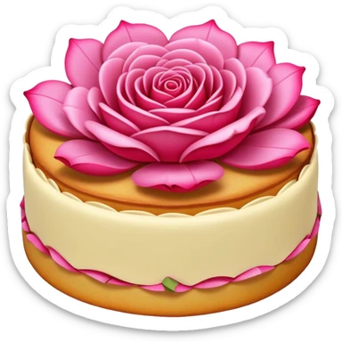 Yunnan Rose Cake with visible flower petals in pastry, simplified emoji style with bold outlines and bright colors, cartoon style floral sweet snack sticker