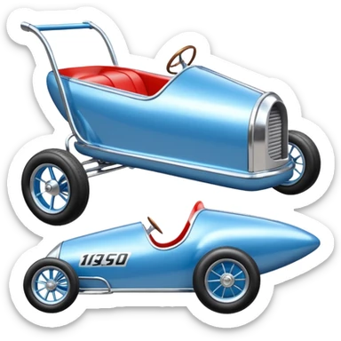 Light sparkling blue and chrome 40’s style Antique-looking shopping cart (made of shopping cart material) race car with custom aero body and rear wing  sticker