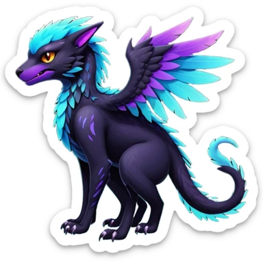 Black Dark Exotic Black, Cyan, Purple, Beaked Feathery Nocturnal Neon-glowing Abyssal Nightly Abyss-Cat-Gryphon-Salandit-Nargacuga-Silvally-Vernid-Sergal-Fakémon-Hybrid-Creature (full body) sticker