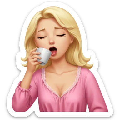 A blonde woman in a pink nightgown yawns, looking sleepy with dark circles under her eyes, drinking coffee, looking like she just woke up. sticker