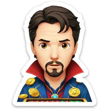 disheveled Doctor Strange losing money at a slot machine, panicked face, coins flying sticker