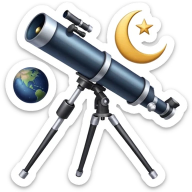 An icon featuring a telescope, stars, and a planet, symbolizing astronomy. The design includes a crescent moon, distant galaxies, and constellations, representing the study of space and celestial bodies. Transparent background highlights the exploration of the universe and cosmic phenomena. sticker