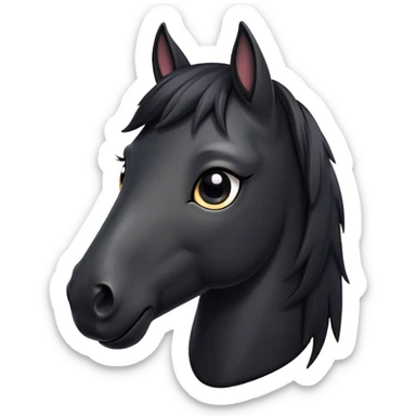 Cinematic Cute Black Horse Portrait Emoji, Head tilted playfully and inquisitively, showcasing a glossy black fur with a striking sheen and expressive dark eyes filled with curiosity, Simplified yet irresistibly adorable features, highly detailed, glowing with a warm, friendly glow, high shine, affectionate and spirited, stylized with a touch of whimsy, bright and endearing, soft glowing outline, capturing the essence of a mischievous yet loving horse, so playful it feels like it could trot out of the screen and into your arms! sticker