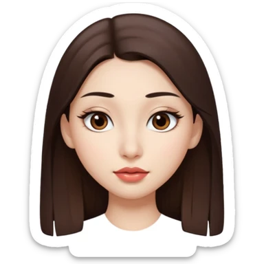 Una chica con piel muy clarita con pleo liso largo de color castaño y unos ojos marrones oscuro y labios grandes y nariz bonita y con unas pestañas que parezca asiatica que tenga las cejas un poquito mas juntas sticker