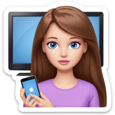 beautiful barbie girl with long brown hair, blue eyes and wearing light purple clothes watching netflix on tv sticker