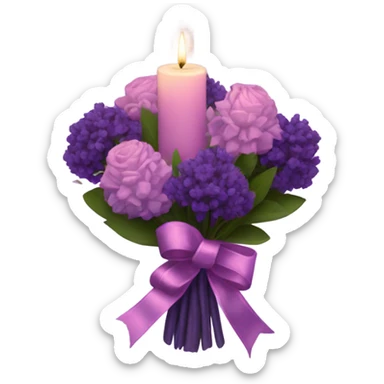 a beautiful aesthetic bouquet of dark purple and light pink lavender tied with a silk purple ribbon and a pink decorative candle  sticker