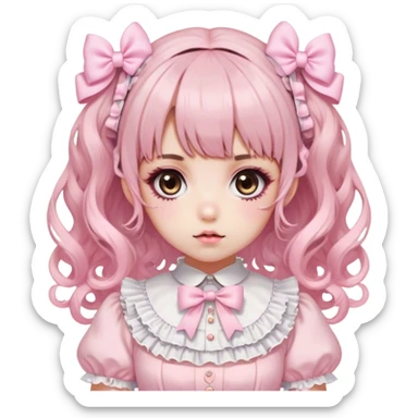 pale girl, who has curly medium length black and baby pink ends swirled hair with bangs and bows in hair, brown eyes, and doll like makeup, in a light pink lolita hime gyaru dress sticker