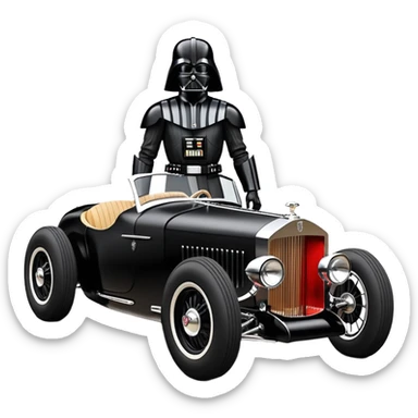Wednesday Adam’s Blood stained Satanic Darth Vader black Bare bones (channeled cowl) drag racing and speed record modified (fenders removed) chopped streamlined sporty roadster that is a (stripped down) hot street rodded engine sports car 1952 Rolls Royce Woody futuristic  wide racing wheels sticker
