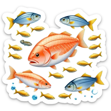 Golden omega-3 capsule beside several fatty fish (salmon, sardines), walnuts, and green leafy vegetables, all floating in blue waters near a glowing brain. Blue waves connect these omega-rich foods to the brain and heart, showing their health benefits. sticker