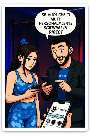 TRASFORMA QUESTO CAROSELLO IN UN FUMETTO STILE WEBTOON/MANGA A COLORI CON QUESTE DUE PERSONE IDENTICHE CHE INTERLOQUISCONO TRA LORO, L'UOMO MOSTRA UNO SMARTPHONE ALLA DONNA INDICANDOLO, E ANCHE LA DONNA HA LO SMARTPHONE IN MANO PER ANDARE A SEGUIRE IL SUO PROFILO INSTAGRAM:

LUI (UOMO): Se vuoi che ti aiuti personalmente
SCRIVIMI IN DIRECT sticker