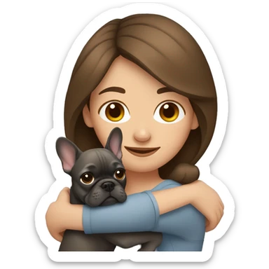 brown hair woman hugging dark gray french bulldog sticker