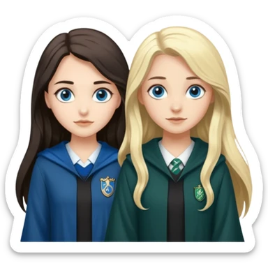 a pretty ravenclaw girl with long dark brown hair and blue eyes standing with a pretty Slytherin girl with long blonde hair, blue eyes sticker