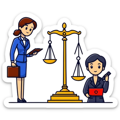 female notary with justice scale and stamp, phoning with another woman sticker