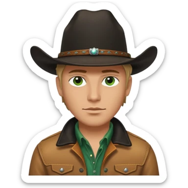 yellowstone ranch cowboy with black cowboy hat, black t-shirt, leather tan jacket, and green eyes sticker