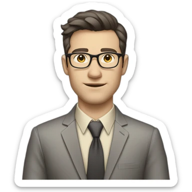 Full height Pale skinned Fit Man With dark brown hair in classic gray suit, beige office shirt, dark gray tie, and vintage glasses. His hands lock sticker