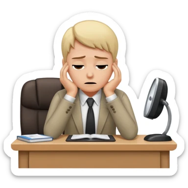 Professional person experiencing burnout, exhausted and overwhelmed, tired eyes, slumped posture, sitting at a desk, iOS emoji style sticker