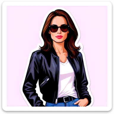 Jolie brune blouson de cuir noir t-shirt blanc sticker