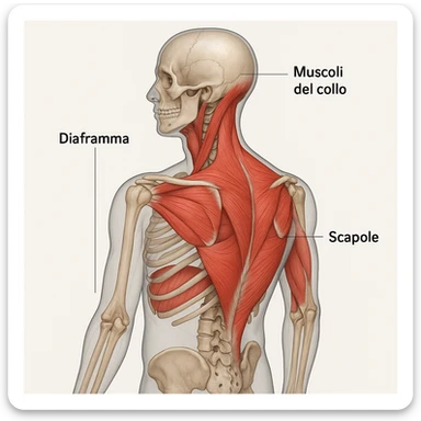 vista 3D con trasparenza, diaframma bloccato, muscoli del collo e scapole evidenziati, didascalie in italiano sticker