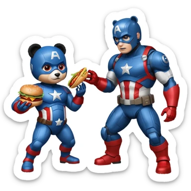 Pregnant captain America eating a hamburger while fighting a half panda half robot  sticker