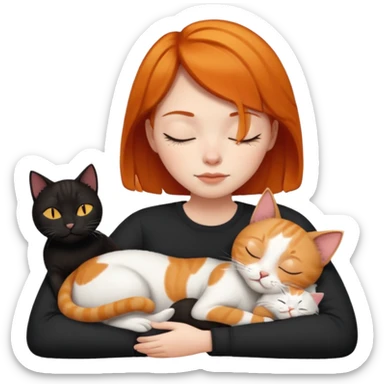 Ginger Girl short hair sleeping with two cats a black and a white bigger cat  sticker