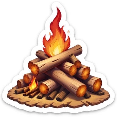 Cinematic Realistic Campfire, a roaring flame crackling atop carefully arranged logs, embers glowing deep red, golden light casting soft flickering shadows, gentle smoke drifting upwards, glowing with warmth and coziness. sticker