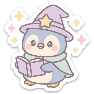 a chubby penguin in wizard attire, holding an open spellbook, magical aura around sticker