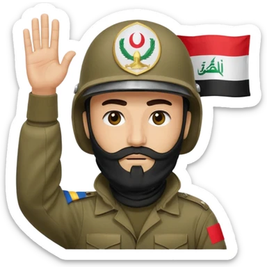 surrenders, depicts an Iraqi soldier from 1980, with a beard, in a helmet, a helmet with sign flag Iraq, with a balaclava, with sad eyes and both hands raised up sticker