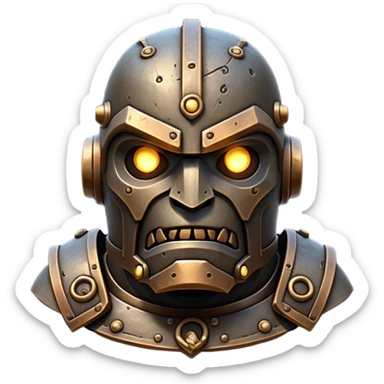 Cinematic Noble Mighty Iron Golem Portrait Emoji Poised and imposing, with a towering, metallic form forged from intricately detailed plates of burnished steel and ancient bronze, etched with faint traces of runes and weathered marks of time. Its piercing, glowing eyes radiate unwavering resolve, casting a solemn and commanding presence; rendered with lifelike texture and natural metallic highlights, high shine, elegant yet indomitable, styled with an aura of legendary endurance, focused and resolute, soft glowing outline, capturing the essence of an eternal guardian, standing vigilant and immovable as if ready to awaken at any moment with unstoppable might! sticker