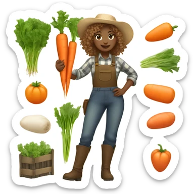 full body farmer girl with curls and curls, holding carrots, light skin, light hair sticker