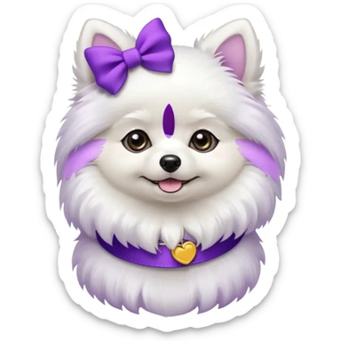 White Pomeranian with purple bows on ears and collar sticker