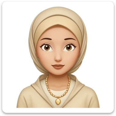 clean girl aesthetic emoji, hijabi woman in a white top and beige hijab, gold necklace, slick bun under hijab, glowing skin, soft beige background sticker