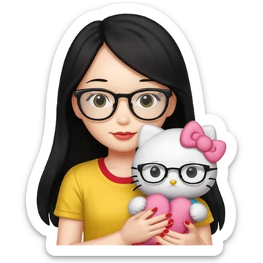 Nails cute with hello kitty wear glasses black long  hair, wear yellow shirt , red nails , big hello kitty sticker