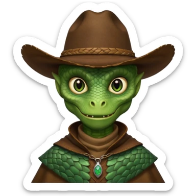 Portrait of a reptilian alien cowboy with textured scales, slit pupils, sharp jawline, dark brown cowboy hat, leather poncho, intense gaze, warm desert lighting, hyper realistic, shallow depth of field, cinematic western atmosphere
 sticker