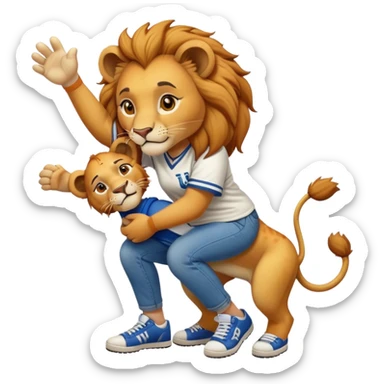 confident anthropomorphised female lion wearing a baseball shirt, jeans, and trainers, helping someone up after a fall, showing kindness sticker