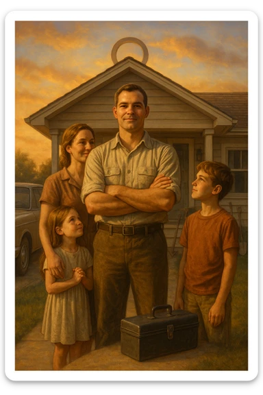 Uomo tra i 35 e i 45 anni, in piedi con postura fiera davanti alla sua casa, circondato dalla famiglia: moglie e figli lo guardano con rispetto e affetto. Indossa abiti semplici ma ordinati, simbolo di lavoro e stabilità (camicia, pantaloni, magari una cassetta degli attrezzi o una valigetta vicino). Sullo sfondo elementi che richiamano i suoi ruoli: casa ordinata, auto familiare, strumenti di lavoro, simboli di protezione e presenza. Espressione serena, forte ma accogliente. Colori caldi, luce naturale del tramonto. Stile realistico, atmosfera rassicurante e simbolica sticker