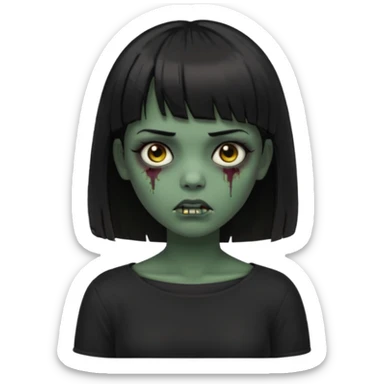 Zombie girl emoji verde escuro com cabelo curto liso preto no ombro e franja na altura da sobrancelha cobrindo completamente a testa, com uma blusa preta, olhos castanhos escuros sticker