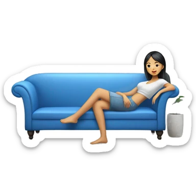 Blue colour 🛋️ sofa and asian girl 👧🏻 is chilling on there without shoes  sticker
