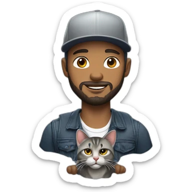 a man with a short beard and a snapback hat holding a big grey cat sticker