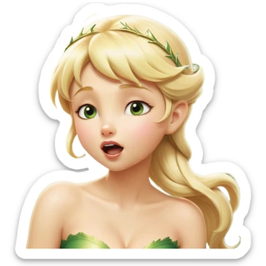 Cinematic Realistic Blonde Tinker Bell Fairy Portrait, head tilted slightly with a dramatic, wide-open yawn, revealing a tender, drowsy visage with intricately detailed golden blonde hair and softly shimmering wings gently drooping. Her sleepy, sparkling eyes exude a dreamy, ethereal charm, while the soft natural light and high shine emphasize every delicate detail—capturing the essence of an enchanting fairy drifting into a magical slumber. sticker