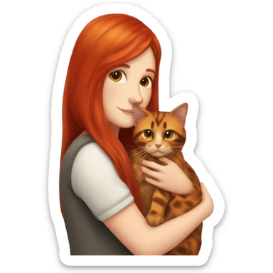 white girl with long red hair cuddling tortoiseshell cat sticker