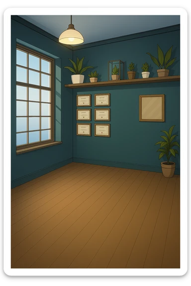 PRENDI SPUNTO DAI COLORI E DALLO STILE DELLA STANZA CON L'UOMO CON IL CAMICE E faMMI QUESTA STANZA VUOTA STILE MANGA/WEBTOON A COLORI SENZA LE PERSONE, SOLO LA STANZA. FALLA MOLTO PIù LUMINOSA, NON LUCI GIALLE sticker